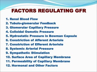 FACTORS REGULATING GFR
1. Renal Blood Flow
2. Tubulo-glomerular Feedback
3. Glomerular Capillary Pressure
4. Colloidal Osmotic Pressure
5. Hydrostatic Pressure in Bowman Capsule
6. Constriction of Afferent Arteriole
7. Constriction of Efferent Arteriole
8. Systemic Arterial Pressure
9. Sympathetic Stimulation
10. Surface Area of Capillary Membrane
11. Permeability of Capillary Membrane
12. Hormonal and Other Factors
 