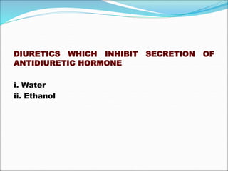 DIURETICS WHICH INHIBIT SECRETION OF
ANTIDIURETIC HORMONE
i. Water
ii. Ethanol
 
