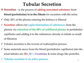 36
 Secretion – is the process of adding unwanted substance from
blood (peritubular) in to the filtrate for excretion with the urine.
 Only 20% of the plasma entering the kidneys is filtered.
 Secretion :allows for rapid elimination of substances from the
plasma via extraction of the 80% of unfiltered plasma in peritubular
capillaries and adding it to the substances already in tubule as result
of filtration
 Tubular secretion is the reverse of reabsorption process.
 Some materials move from the blood (peritubular capillaries) into the
renal tubules are: H+, K+ , Creatinine & some drugs like penicilin.
 Tubular secretion is an active process.
Tubular Secretion
 