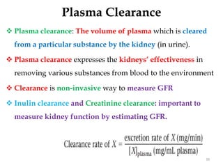 Plasma Clearance
 Plasma clearance: The volume of plasma which is cleared
from a particular substance by the kidney (in urine).
 Plasma clearance expresses the kidneys’ effectiveness in
removing various substances from blood to the environment
 Clearance is non-invasive way to measure GFR
 Inulin clearance and Creatinine clearance: important to
measure kidney function by estimating GFR.
39
 