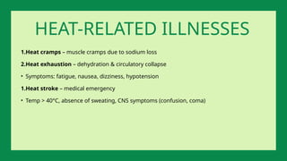 1.Heat cramps – muscle cramps due to sodium loss
2.Heat exhaustion – dehydration & circulatory collapse
• Symptoms: fatigue, nausea, dizziness, hypotension
1.Heat stroke – medical emergency
• Temp > 40°C, absence of sweating, CNS symptoms (confusion, coma)
HEAT-RELATED ILLNESSES
 