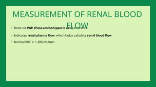• Done via PAH (Para-aminohippuric acid) clearance
• Indicates renal plasma flow, which helps calculate renal blood flow
• Normal RBF 1,200 mL/min
≈
MEASUREMENT OF RENAL BLOOD
FLOW
 