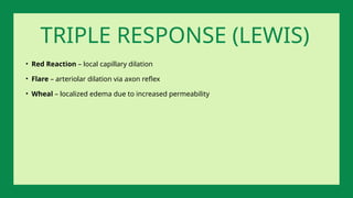 • Red Reaction – local capillary dilation
• Flare – arteriolar dilation via axon reflex
• Wheal – localized edema due to increased permeability
TRIPLE RESPONSE (LEWIS)
 