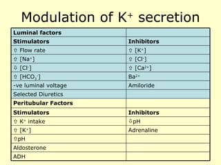 Modulation of K +  secretion Luminal factors Stimulators Inhibitors    Flow rate    [K + ]    [Na + ]    [Cl - ]    [Cl - ]    [Ca 2+ ]    [HCO 3 - ] Ba 2+ -ve luminal voltage Amiloride Selected Diuretics Peritubular Factors Stimulators Inhibitors    K +  intake pH    [K + ] Adrenaline pH Aldosterone ADH 