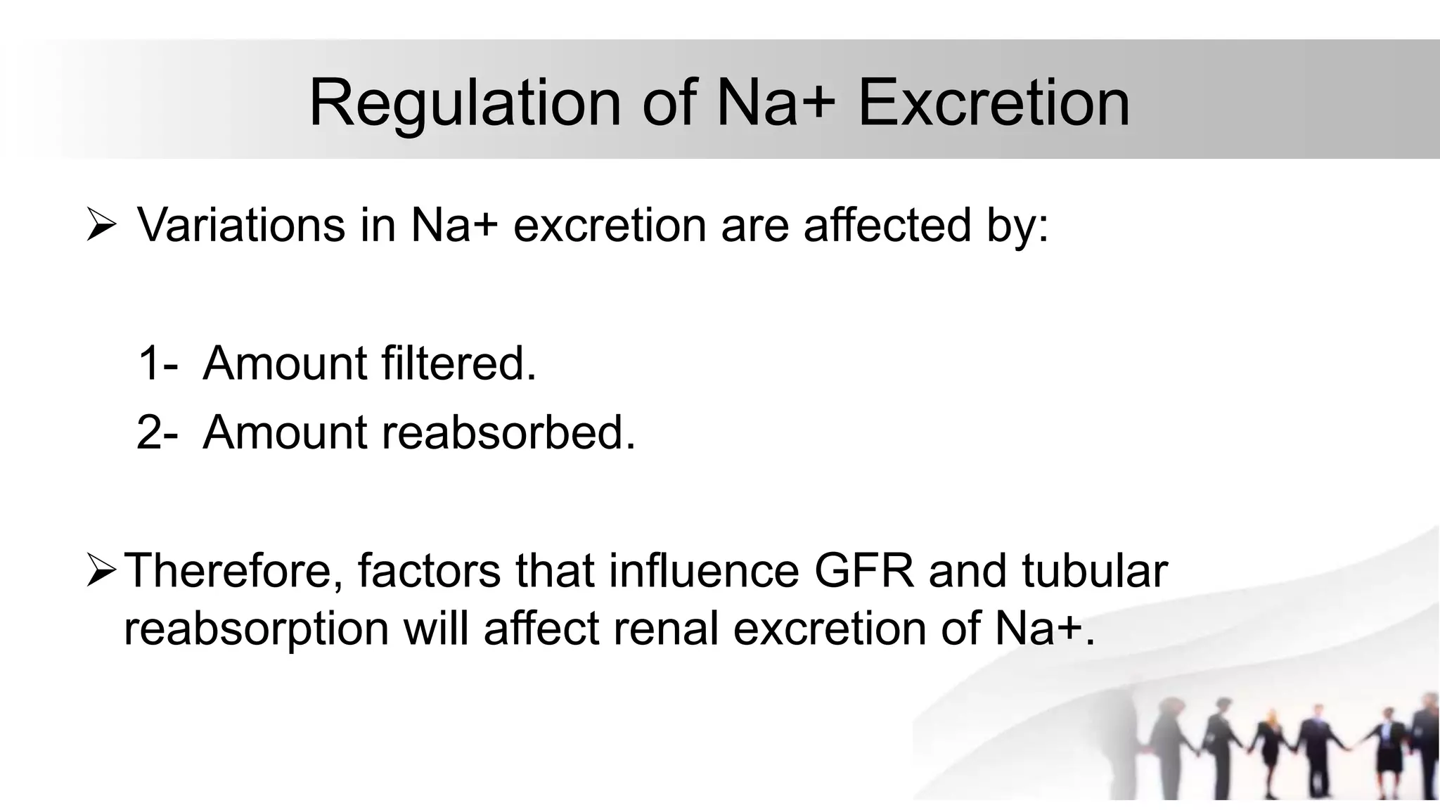 Regulation of Na+ Excretion
 Variations in Na+ excretion are affected by:
1- Amount filtered.
2- Amount reabsorbed.
Therefore, factors that influence GFR and tubular
reabsorption will affect renal excretion of Na+.
 