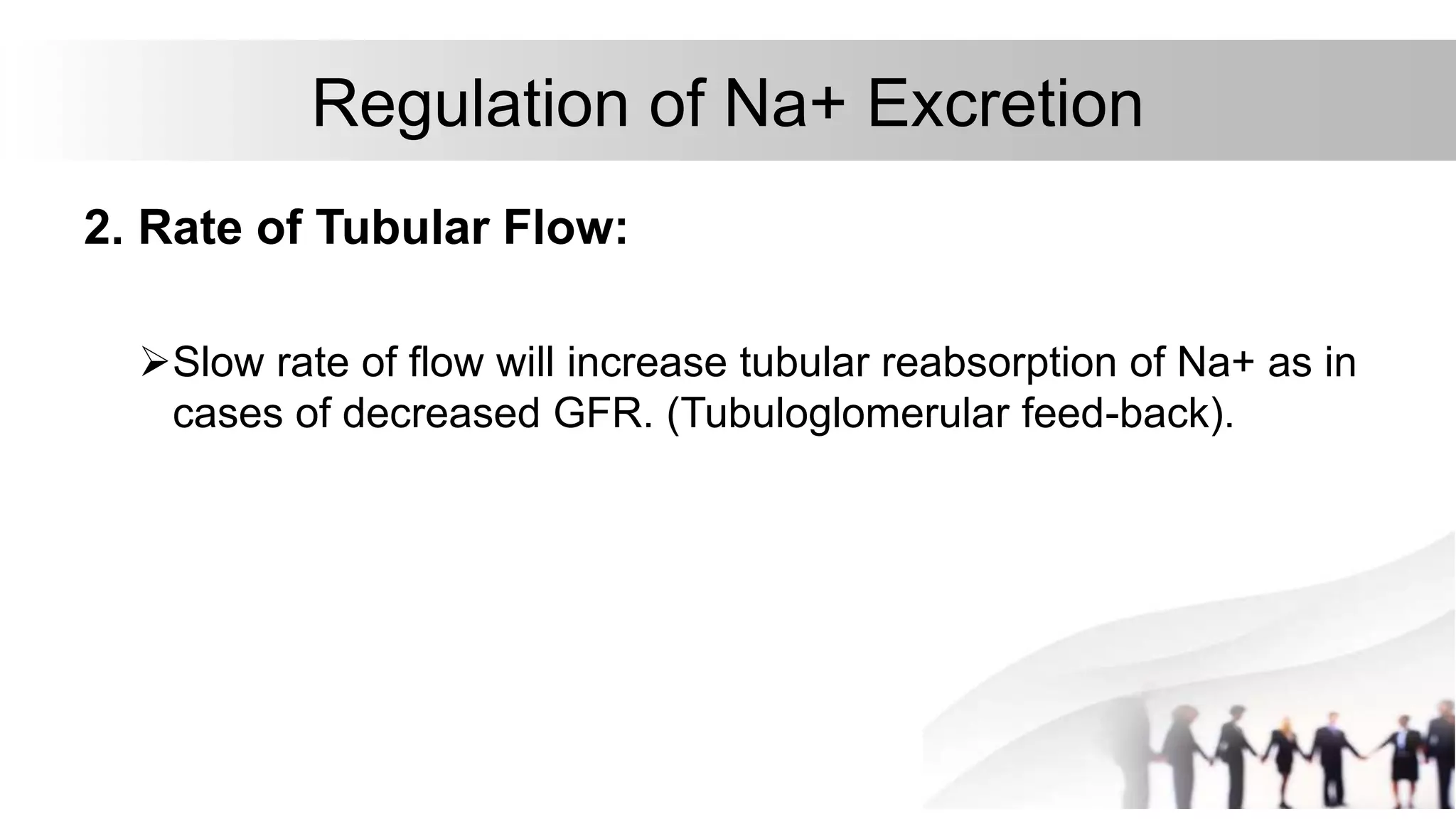 Regulation of Na+ Excretion
2. Rate of Tubular Flow:
Slow rate of flow will increase tubular reabsorption of Na+ as in
cases of decreased GFR. (Tubuloglomerular feed-back).
 