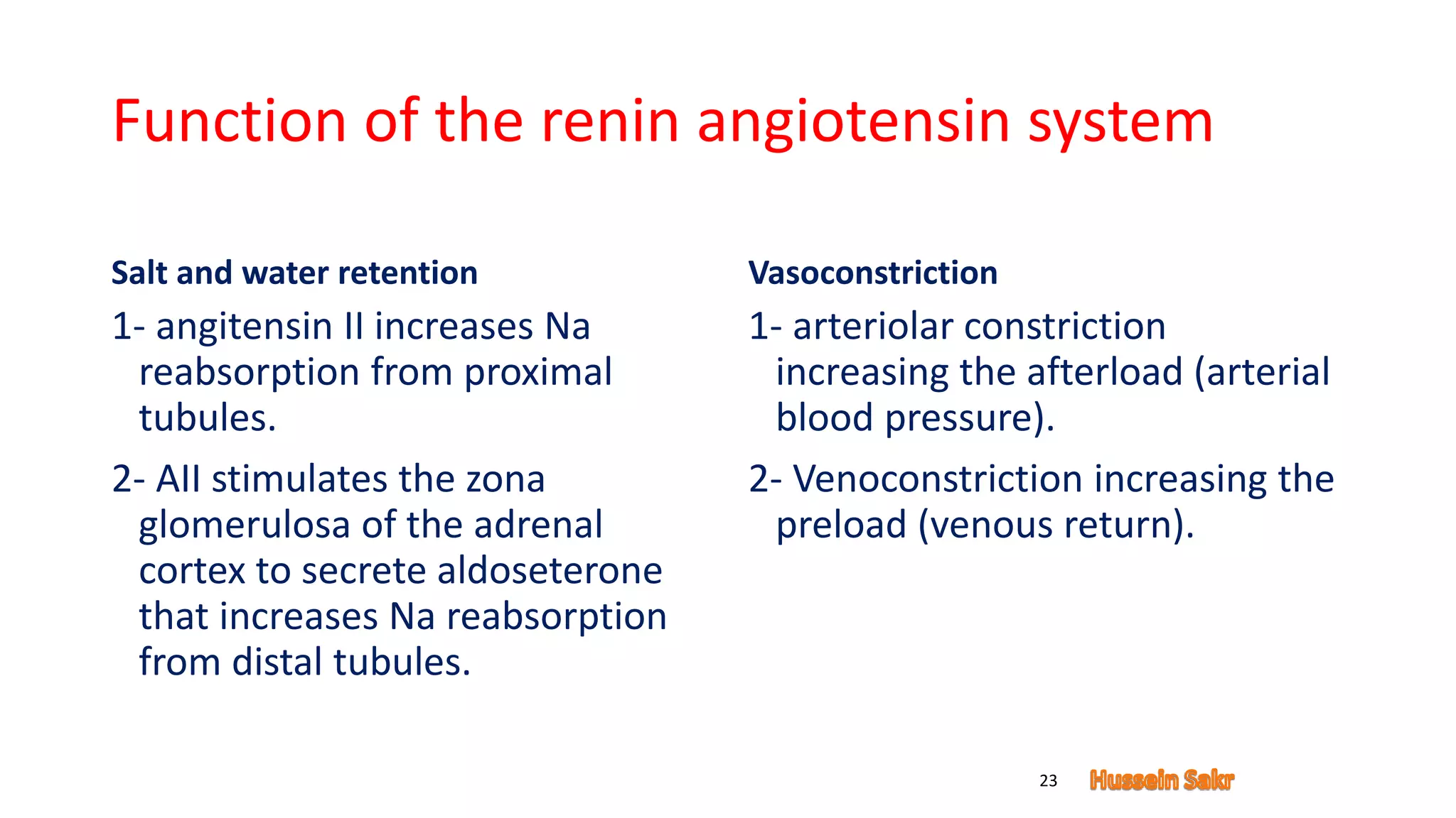 Function of the renin angiotensin system
Salt and water retention
1- angitensin II increases Na
reabsorption from proximal
tubules.
2- AII stimulates the zona
glomerulosa of the adrenal
cortex to secrete aldoseterone
that increases Na reabsorption
from distal tubules.
Vasoconstriction
1- arteriolar constriction
increasing the afterload (arterial
blood pressure).
2- Venoconstriction increasing the
preload (venous return).
23
 