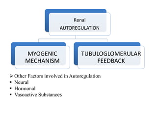 Renal
AUTOREGULATION
MYOGENIC
MECHANISM
TUBULOGLOMERULAR
FEEDBACK
Other Factors involved in Autoregulation
 Neural
 Hormonal
 Vasoactive Substances
 