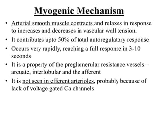 Myogenic Mechanism
• Arterial smooth muscle contracts and relaxes in response
to increases and decreases in vascular wall tension.
• It contributes upto 50% of total autoregulatory response
• Occurs very rapidly, reaching a full response in 3-10
seconds
• It is a property of the preglomerular resistance vessels –
arcuate, interlobular and the afferent
• It is not seen in efferent arterioles, probably because of
lack of voltage gated Ca channels
 