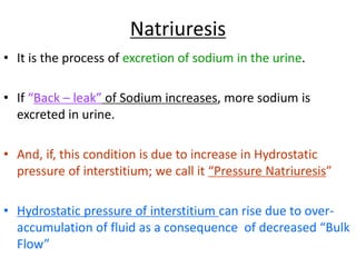 Natriuresis
• It is the process of excretion of sodium in the urine.
• If “Back – leak” of Sodium increases, more sodium is
excreted in urine.
• And, if, this condition is due to increase in Hydrostatic
pressure of interstitium; we call it “Pressure Natriuresis”
• Hydrostatic pressure of interstitium can rise due to over-
accumulation of fluid as a consequence of decreased “Bulk
Flow”
 