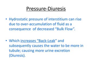 Pressure-Diuresis
• Hydrostatic pressure of interstitium can rise
due to over-accumulation of fluid as a
consequence of decreased “Bulk Flow”.
• Which increases “Back-Leak” and
subsequently causes the water to be more in
tubule; causing more urine excretion
(Diuresis).
 