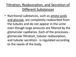 Filtration, Reabsorption, and Secretion of
Different Substances
• Nutritional substances, such as amino acids
and glucose, are completely reabsorbed from
the tubules and do not appear in the urine
even though large amounts are filtered by the
glomerular capillaries. Each of the processes -
glomerular filtration, tubular reabsorption,
and tubular secretion - is regulated according
to the needs of the body.
 