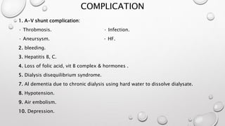 COMPLICATION 
1. A-V shunt complication: 
· Throbmosis. · Infection. 
· Aneursysm. · HF. 
2. bleeding. 
3. Hepatitis B, C. 
4. Loss of folic acid, vit B complex & hormones . 
5. Dialysis disequilibrium syndrome. 
7. Al dementia due to chronic dialysis using hard water to dissolve dialysate. 
8. Hypotension. 
9. Air embolism. 
10. Depression. 
 