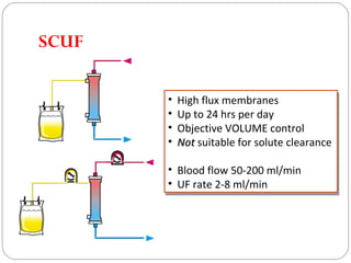 SCUF
• High flux membranes
• Up to 24 hrs per day
• Objective VOLUME control
• NotNot suitable for solute clearance
• Blood flow 50-200 ml/min
• UF rate 2-8 ml/min
• High flux membranes
• Up to 24 hrs per day
• Objective VOLUME control
• NotNot suitable for solute clearance
• Blood flow 50-200 ml/min
• UF rate 2-8 ml/min
 