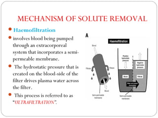 MECHANISM OF SOLUTE REMOVAL
Haemofiltration
involves blood being pumped
through an extracorporeal
system that incorporates a semi-
permeable membrane.
 The hydrostatic pressure that is
created on the blood-side of the
filter drives plasma water across
the filter.
 This process is referred to as
“ULTRAFILTRATION”.
 