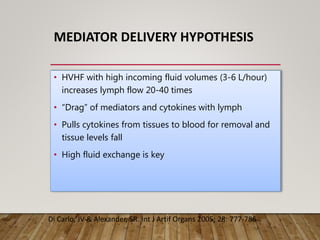 MEDIATOR DELIVERY HYPOTHESIS
• HVHF with high incoming fluid volumes (3-6 L/hour)
increases lymph flow 20-40 times
• “Drag” of mediators and cytokines with lymph
• Pulls cytokines from tissues to blood for removal and
tissue levels fall
• High fluid exchange is key
Di Carlo, JV & Alexander, SR. Int J Artif Organs 2005; 28: 777-786
 