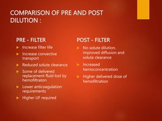 COMPARISON OF PRE AND POST
DILUTION :
PRE - FILTER
 Increase filter life
 Increase convective
transport
 Reduced solute clearance
 Some of delivered
replacement fluid lost by
hemofiltraton
 Lower anticoagulation
requirements
 Higher UF required
POST - FILTER
 No solute dilution,
improved diffusion and
solute clearance
 Increased
hemoconcentration
 Higher delivered dose of
hemofiltration
 