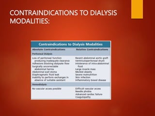 CONTRAINDICATIONS TO DIALYSIS
MODALITIES:
 