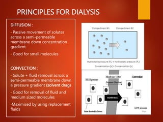 PRINCIPLES FOR DIALYSIS
DIFFUSION :
• Passive movement of solutes
across a semi-permeable
membrane down concentration
gradient.
• Good for small molecules
CONVECTION :
• Solute + fluid removal across a
semi-permeable membrane down
a pressure gradient (solvent drag)
• Good for removal of fluid and
medium sized molecules
•Maximised by using replacement
fluids
 