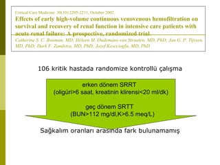 Critical Care Medicine. 30(10):2205-2211, October 2002.
Effects of early high-volume continuous venovenous hemofiltration on
survival and recovery of renal function in intensive care patients with
acute renal failure: A prospective, randomized trial.
Catherine S. C. Bouman, MD; Heleen M. Oudemans-van Straaten, MD, PhD; Jan G. P. Tijssen,
MD, PhD; Durk F. Zandstra, MD, PhD; Jozef Kesecioglu, MD, PhD
106 kritik hastada randomize kontrollü çalışma
Sağkalım oranları arasında fark bulunamamış
erken dönem SRRT
(oligüri>6 saat, kreatinin klirensi<20 ml/dk)
geç dönem SRTT
(BUN>112 mg/dl,K>6.5 meq/L)
 