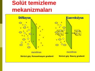 Solüt temizleme
mekanizmaları
DifüzyonDifüzyon KonveksiyonKonveksiyon
membran membran
Sürücü güç: Konsantrasyon gradienti Sürücü güç: Basınç gradienti
 