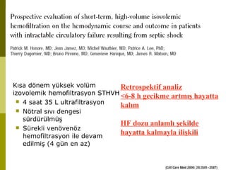 Kısa dönem yüksek volüm
izovolemik hemofiltrasyon STHVH
 4 saat 35 L ultrafiltrasyon
 Nötral sıvı dengesi
sürdürülmüş
 Sürekli venövenöz
hemofiltrasyon ile devam
edilmiş (4 gün en az)
Retrospektif analiz
<6-8 h gecikme artmış hayatta
kalım
HF dozu anlamlı şekilde
hayatta kalmayla ilişkili
 