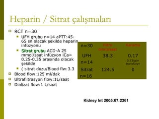 Heparin / Sitrat çalışmaları
 RCT n=30
 UFH grubuUFH grubu n=14 aPTT:45-
65 sn olacak şekilde heparin
infüzyonu
 Sitrat grubuSitrat grubu ACD-A 25
mmol/saat infüzyon iCa=
0.25-0.35 arasında olacak
şekilde
 ( sitrat dozu/Blood flw:3.3
 Blood flow:125 ml/dak
 Ultrafiltrasyon flow:1L/saat
 Dializat flow:1 L/saat
Kidney Int 2005:67:2361
n=30 Filtre
ömrü/saat
Kanama
UFH
n=14
38.3 0.17
0.53/gün
transfüzyn
Sitrat
n=16
124.5 0
 