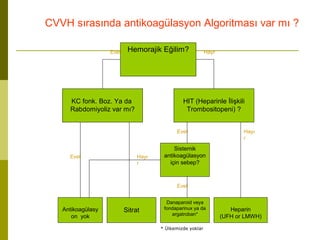 Hemorajik Eğilim?
KC fonk. Boz. Ya da
Rabdomiyoliz var mı?
Sitrat
Danaparoid veya
fondaparinux ya da
argatroban*
Heparin
(UFH or LMWH)
Antikoagülasy
on yok
HIT (Heparinle İlişkili
Trombositopeni) ?
Sistemik
antikoagülasyon
için sebep?
Evet Hayr
Evet Hayı
r
Evet Hayı
r
Evet
CVVH sırasında antikoagülasyon Algoritması var mı ?
* Ülkemizde yoklar
 