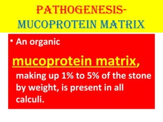 Pathogenesis-
MucoProtein Matrix
• An organic
mucoprotein matrix,
making up 1% to 5% of the stone
by weight, is present in all
calculi.
 