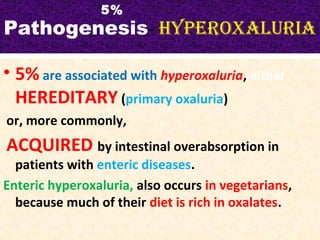 Pathogenesis- Hyperoxaluria
• 5% are associated with hyperoxaluria, either
HEREDITARY (primary oxaluria)
or, more commonly,
ACQUIRED by intestinal overabsorption in
patients with enteric diseases.
Enteric hyperoxaluria, also occurs in vegetarians,
because much of their diet is rich in oxalates.
5%
 
