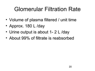 20
Glomerular Filtration Rate
• Volume of plasma filtered / unit time
• Approx. 180 L /day
• Urine output is about 1- 2 L /day
• About 99% of filtrate is reabsorbed
 