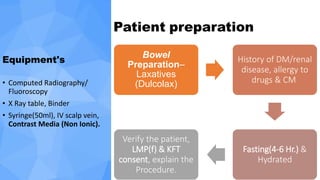 Patient preparation
Equipment's
• Computed Radiography/
Fluoroscopy
• X Ray table, Binder
• Syringe(50ml), IV scalp vein,
Contrast Media (Non Ionic).
Bowel
Preparation–
Laxatives
(Dulcolax)
History of DM/renal
disease, allergy to
drugs & CM
Fasting(4-6 Hr.) &
Hydrated
Verify the patient,
LMP(f) & KFT
consent, explain the
Procedure.
 