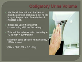  It is the minimal volume of urine that
must be excreted each day to get rid the
body of the products of metabolism &
ingested ions.
 It depends upon the maximal
concentrating ability of the kidney.
 Total solutes to be excreted each day in
70 kg man = 600 mosmol
Maximum conc. ability of human kidney =
1200 mosmol/l
OUV = 600/1200 = 0.5 L/day
 