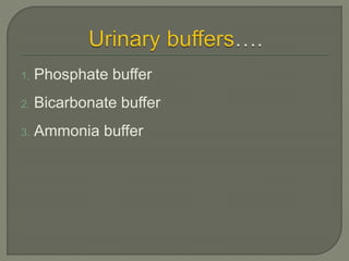 1. Phosphate buffer
2. Bicarbonate buffer
3. Ammonia buffer
 