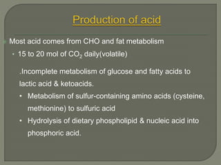  Most acid comes from CHO and fat metabolism
• 15 to 20 mol of CO2 daily(volatile)
.Incomplete metabolism of glucose and fatty acids to
lactic acid & ketoacids.
• Metabolism of sulfur-containing amino acids (cysteine,
methionine) to sulfuric acid
• Hydrolysis of dietary phospholipid & nucleic acid into
phosphoric acid.
 