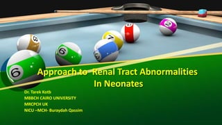 Approach to Renal Tract Abnormalities
In Neonates
Dr. Tarek Kotb
MBBCH CAIRO UNIVERSITY
MRCPCH UK
NICU –MCH- Buraydah Qassim
 