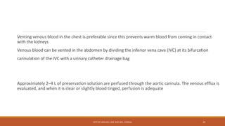 Venting venous blood in the chest is preferable since this prevents warm blood from coming in contact
with the kidneys
Venous blood can be vented in the abdomen by dividing the inferior vena cava (IVC) at its bifurcation
cannulation of the IVC with a urinary catheter drainage bag
Approximately 2–4 L of preservation solution are perfused through the aortic cannula. The venous efflux is
evaluated, and when it is clear or slightly blood tinged, perfusion is adequate
DEPT OF UROLOGY, KMC AND GRH, CHENNAI 24
 
