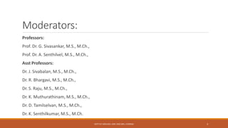 Moderators:
Professors:
Prof. Dr. G. Sivasankar, M.S., M.Ch.,
Prof. Dr. A. Senthilvel, M.S., M.Ch.,
Asst Professors:
Dr. J. Sivabalan, M.S., M.Ch.,
Dr. R. Bhargavi, M.S., M.Ch.,
Dr. S. Raju, M.S., M.Ch.,
Dr. K. Muthurathinam, M.S., M.Ch.,
Dr. D. Tamilselvan, M.S., M.Ch.,
Dr. K. Senthilkumar, M.S., M.Ch.
DEPT OF UROLOGY, KMC AND GRH, CHENNAI 3
 