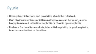 Pyuria
• Urinary tract infections and prostatitis should be ruled out.
• If no obvious infectious or inflammatory source can be found, a renal
biopsy to rule out interstitial nephritis or chronic pyelonephritis.
• Evidence for renal tuberculosis, interstitial nephritis, or pyelonephritis
is a contraindication to donation.
Dept Of Urology, KMC and GRH, Chennai 40
 