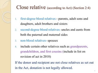 Close relative (according to Act) (Section 2:4)
1. first-degree blood relatives - parents, adult sons and
daughters, adult brothers and sisters
2. second-degree blood relatives- uncles and aunts from
both the paternal and maternal sides
3. non-blood relatives- spouses
4. include certain other relatives such as grandparents,
grandchildren, and first cousins (include in list on
revision of act in 2018)
If the donor and recipient are not close relatives as set out
in the Act, donation is not legally allowed.
9
 