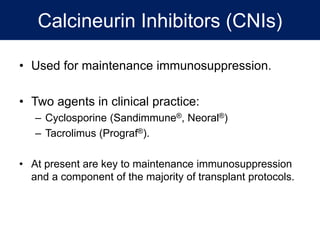 Calcineurin Inhibitors (CNIs)
• Used for maintenance immunosuppression.
• Two agents in clinical practice:
– Cyclosporine (Sandimmune®, Neoral®)
– Tacrolimus (Prograf®).
• At present are key to maintenance immunosuppression
and a component of the majority of transplant protocols.
 