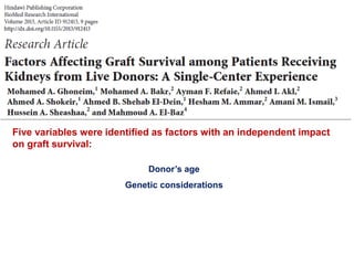 Five variables were identified as factors with an independent impact
on graft survival:
Donor’s age
Genetic considerations
 