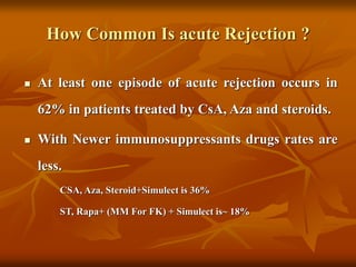 How Common Is acute Rejection ?
 At least one episode of acute rejection occurs in
62% in patients treated by CsA, Aza and steroids.
 With Newer immunosuppressants drugs rates are
less.
CSA, Aza, Steroid+Simulect is 36%
ST, Rapa+ (MM For FK) + Simulect is~ 18%
 
