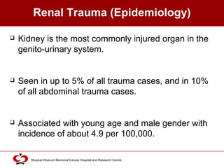 Click to edit Master title style
Shaukat Khanum Memorial Cancer Hospital and Research Centre
Renal Trauma (Epidemiology)
 Kidney is the most commonly injured organ in the
genito-urinary system.
 Seen in up to 5% of all trauma cases, and in 10%
of all abdominal trauma cases.
 Associated with young age and male gender with
incidence of about 4.9 per 100,000.
 