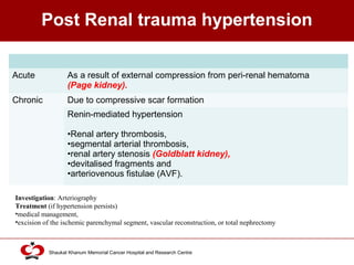 Click to edit Master title style
Shaukat Khanum Memorial Cancer Hospital and Research Centre
Post Renal trauma hypertension
Acute As a result of external compression from peri-renal hematoma
(Page kidney).
Chronic Due to compressive scar formation
Renin-mediated hypertension
•Renal artery thrombosis,
•segmental arterial thrombosis,
•renal artery stenosis (Goldblatt kidney),
•devitalised fragments and
•arteriovenous fistulae (AVF).
Investigation: Arteriography
Treatment (if hypertension persists)
•medical management,
•excision of the ischemic parenchymal segment, vascular reconstruction, or total nephrectomy
 