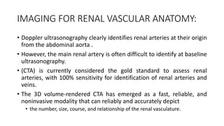 IMAGING FOR RENAL VASCULAR ANATOMY:
• Doppler ultrasonography clearly identifies renal arteries at their origin
from the abdominal aorta .
• However, the main renal artery is often difficult to identify at baseline
ultrasonography.
• (CTA) is currently considered the gold standard to assess renal
arteries, with 100% sensitivity for identification of renal arteries and
veins.
• The 3D volume-rendered CTA has emerged as a fast, reliable, and
noninvasive modality that can reliably and accurately depict
• the number, size, course, and relationship of the renal vasculature.
 