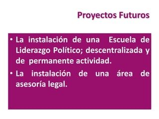 Proyectos Futuros

• La instalación de una Escuela de
  Liderazgo Político; descentralizada y
  de permanente actividad.
• La instalación de una área de
  asesoría legal.
 