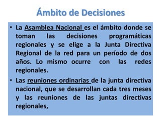 Ámbito de Decisiones
• La Asamblea Nacional es el ámbito donde se
  toman     las    decisiones    programáticas
  regionales y se elige a la Junta Directiva
  Regional de la red para un período de dos
  años. Lo mismo ocurre con las redes
  regionales.
• Las reuniones ordinarias de la junta directiva
  nacional, que se desarrollan cada tres meses
  y las reuniones de las juntas directivas
  regionales,
 