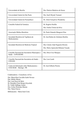 Universidade de Brasília Dra. Patrícia Medeiros de Souza
Universidade Federal de São Paulo Dra. Sueli Miyuki Yamauti
Universidade Federal de Pernambuco Dr. Almir Gonçalves Wanderley
Conselho Federal de Farmácia Dr. Rogério Hoefler
Dra. Emília Vitória da Silva
Associação Médica Brasileira Dr. Paulo Eduardo Mangeon Elias
Sociedade Brasileira de Vigilância de
Medicamentos
Dr. José Ruben de Alcântara Bonfim
Sociedade Brasileira de Medicina Tropical Dra. Celeste Aída Nogueira Silveira
Dra. Maria Aparecida Shikanai Yasuda
Conselho Nacional dos Secretários Municipais e
Saúde – CONASEMS
Dra. Dirce Cruz Marques
Conselho Nacional dos Secretários de Saúde –
CONASS
Dra. Lore Lamb
Centro de Informação sobre Medicamentos –
CESUMAR – Maringá - PR
Dr. José Gilberto Pereira
Colaboradores - Consultores Ad hoc
Dra. Maria Rita Carvalho Garbi Novaes
Dra. Mitiko Murao
Dra. Lara Sissy de Melo
Dr. Ronaldo César Borges Gryschek
Dr. Valdir Sabbaga Amato
Dra. Celina Watisaka Maruta
Dra. Tânia Chaves
Bibliotecária – Maria Irani Coito
 