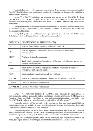 Parágrafo Primeiro - Se for necessária à substituição do coordenador, até nova designação o
DAF/SCTIE/MS indicará um coordenador interino do Colegiado, de forma a não prejudicar o
andamento dos trabalhos.
Artigo 9º - Das 22 instituições participantes, oito pertencem ao Ministério da Saúde
(DECIT/SCTIE; DAF/ SCTIE; DES/SCTIE; SE; ANVISA; SAS; ENSP/Fiocruz; INCA), duas são
instâncias de representação do Sistema Único de Saúde (CONASS e CONASEMS), e têm assento
permanente.
Parágrafo Primeiro - Consideram-se representantes natos os órgãos do Ministério da Saúde e
as instâncias do SUS mencionadas e seus membros poderão ser renovados de acordo com
necessidades institucionais.
Parágrafo Segundo – O perfil dos membros que representam as oito instâncias do Ministério
da Saúde e do Sistema Único de Saúde está descrito no quadro abaixo.
INSTÂNCIA COMPETÊNCIAS DA REPRESENTAÇÃO
DAF Políticas farmacêuticas e gerência ou logística da SCTIE
DES
Fomento à produção farmacêutica e custo-efetividade de tratamentos
farmacológicos
DECIT Avaliação de tecnologia em saúde
SAS
Saúde pública ou medicina baseada em evidência ou avaliação de tecnologia em
saúde ou medicina clínica
ENSP
Saúde pública, assistência farmacêutica, medicina baseada em evidência e
avaliação de tecnologia em saúde.
INCA Medicina clínica e medicina baseada em evidências
ANVISA Avaliação de tecnologia em saúde ou medicina baseada em evidências
CONASS Gestão da Assistência Farmacêutica
CONASEMS Gestão da Assistência Farmacêutica
Artigo 10º - Participam também da COMARE duas entidades de representação de
profissionais de saúde ou associação médica brasileira ou conselho profissional de Medicina e de
Farmácia, duas sociedades científicas e oito universidades/instituições, convidadas pelo
DAF/SCTIE/MS conforme as competências técnico-científicas referidas no Art. 7º.
Parágrafo primeiro - Estas entidades terão mandato de dois anos, com possibilidade de
renovação por mais um período. O grupo de Universidades/Conselhos Profissionais e Sociedades
Científicas será renovado em 50%, a cada dois anos.
Parágrafo segundo - As novas universidades serão convidadas a participar da Comare de
acordo com a base de dados do DAF/SCTIE/MS de modo que se atenda, no momento da seleção, as
competências previstas no artigo 7º deste regimento e necessidades identificadas pela Comare.
Artigo 11 - A representação na Comare deverá ocorrer por meio de indicação formal de um
nome, pelo órgão, entidade ou instituição, encaminhada diretamente ao DAF/SCTIE/MS.
 